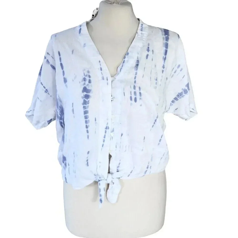 Rails Thea Blouse Cloud Tie Dye White Blue Linen Tied Front Revolve XS MSRP $148 - Picture 2 of 9